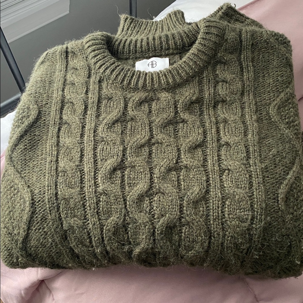 Anine Bing Forest Green Cable Knit Crewneck Sweater size Small